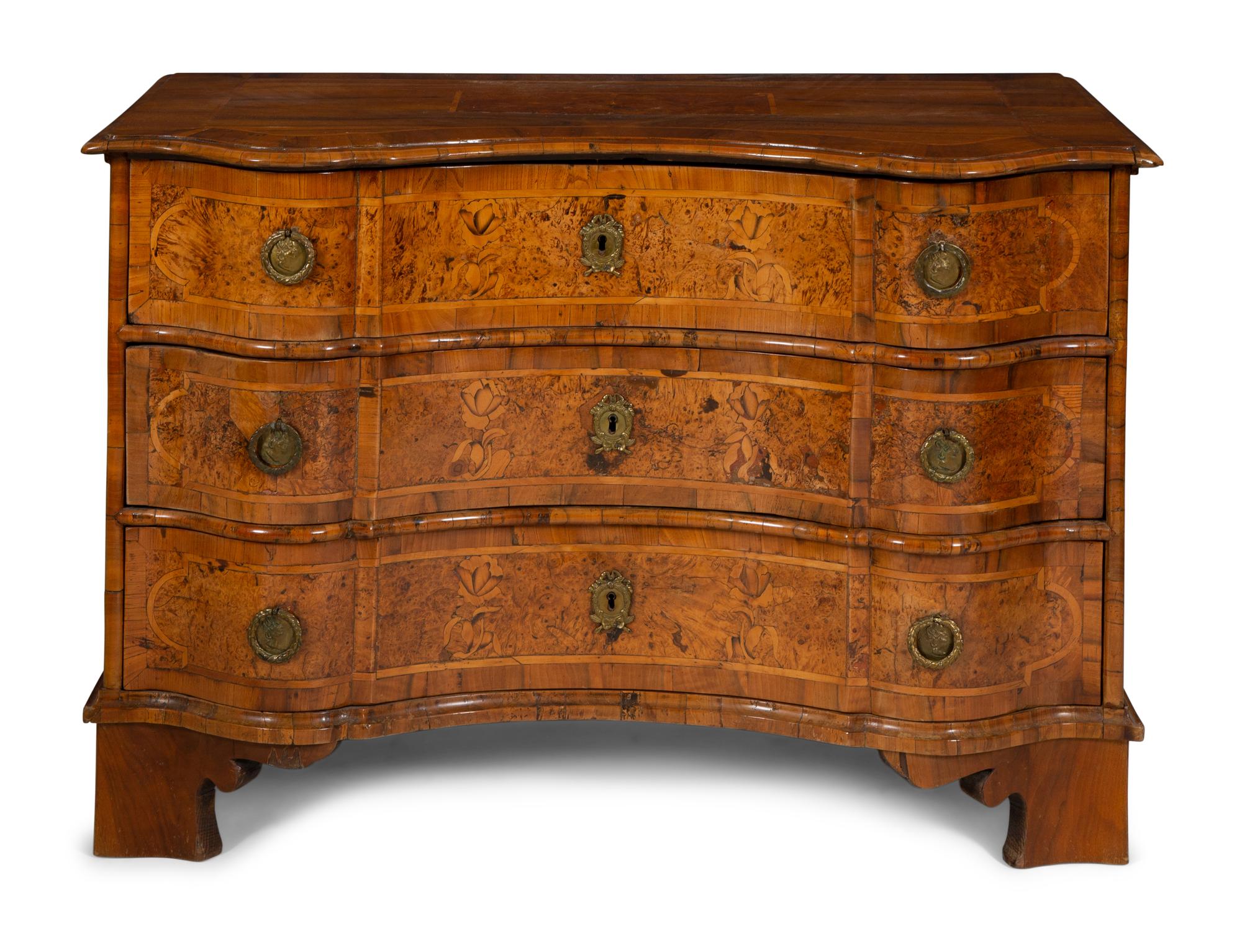 A German Baroque Burl Walnut Marquetry Serpentine Chest of Drawers