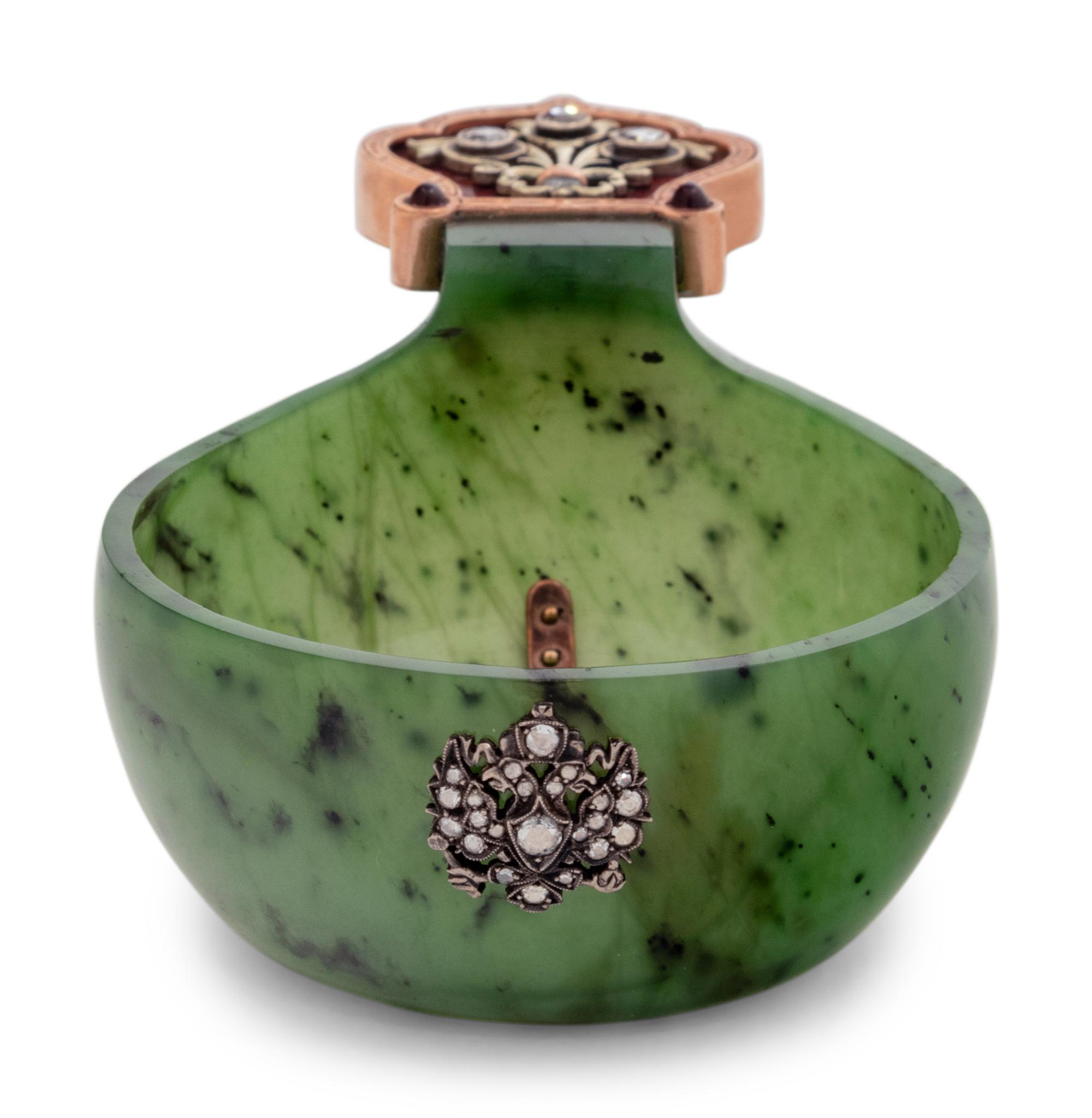 A Russian 14-Karat Gold, Enamel, Diamond and Paste Mounted Jade Kovsh