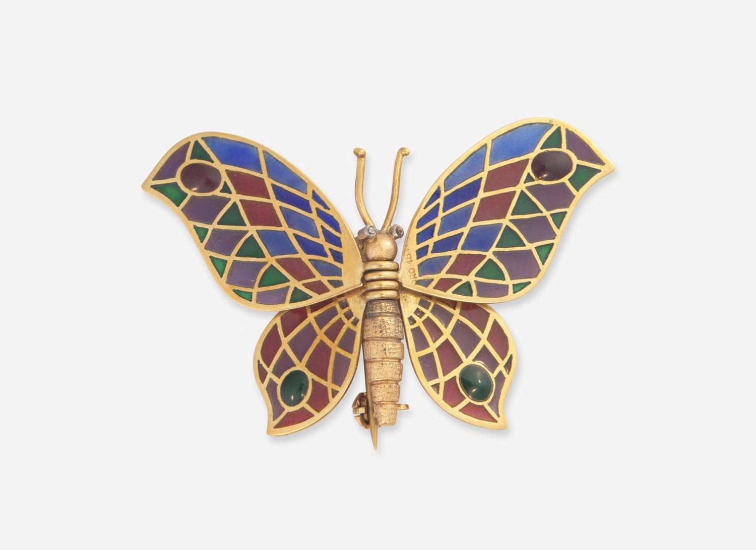 An 18K Yellow Gold and Enamel Articulated Butterfly Brooch