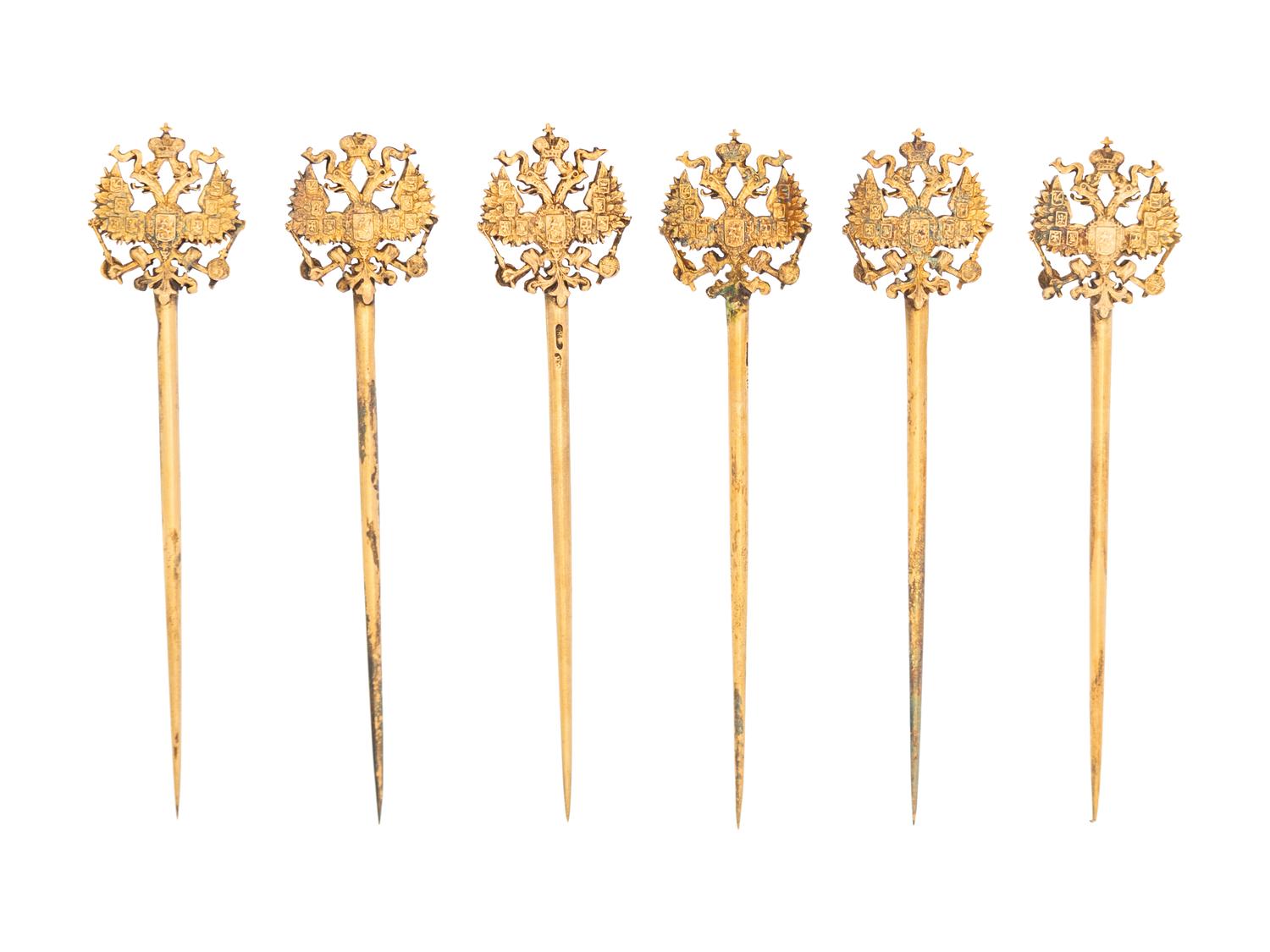 A Set of Six Russian Silver-Gilt Skewers