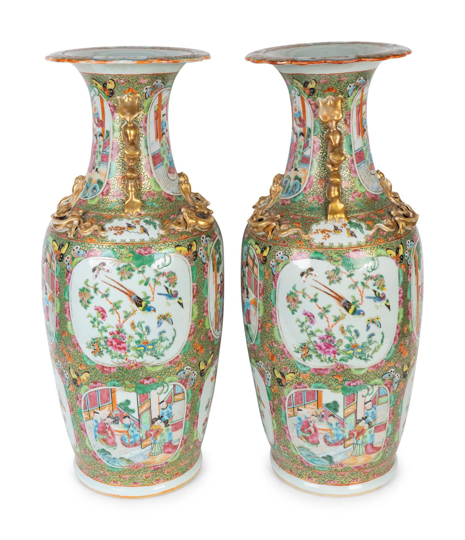 A Pair of Large Rose Medallion Porcelain Vases with Gilt Handles — MID 19TH CENTURY
