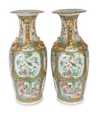 A Pair of Large Rose Medallion Porcelain Vases with Gilt Handles — MID 19TH CENTURY