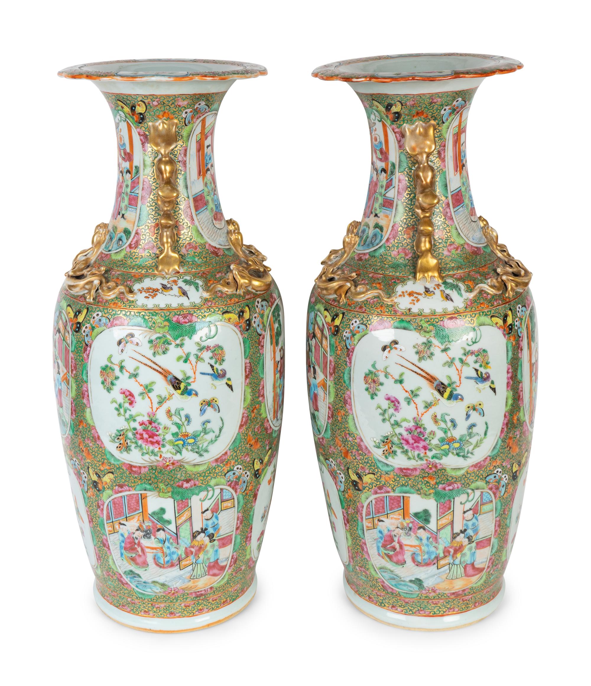 A Pair of Large Rose Medallion Porcelain Vases with Gilt Handles — MID 19TH CENTURY