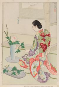 Shiro Kasamatsu, (1898-1991), Late Spring: Tea Ceremony, dated 1932, the right margin with copyright notation of publisher of Watanabe