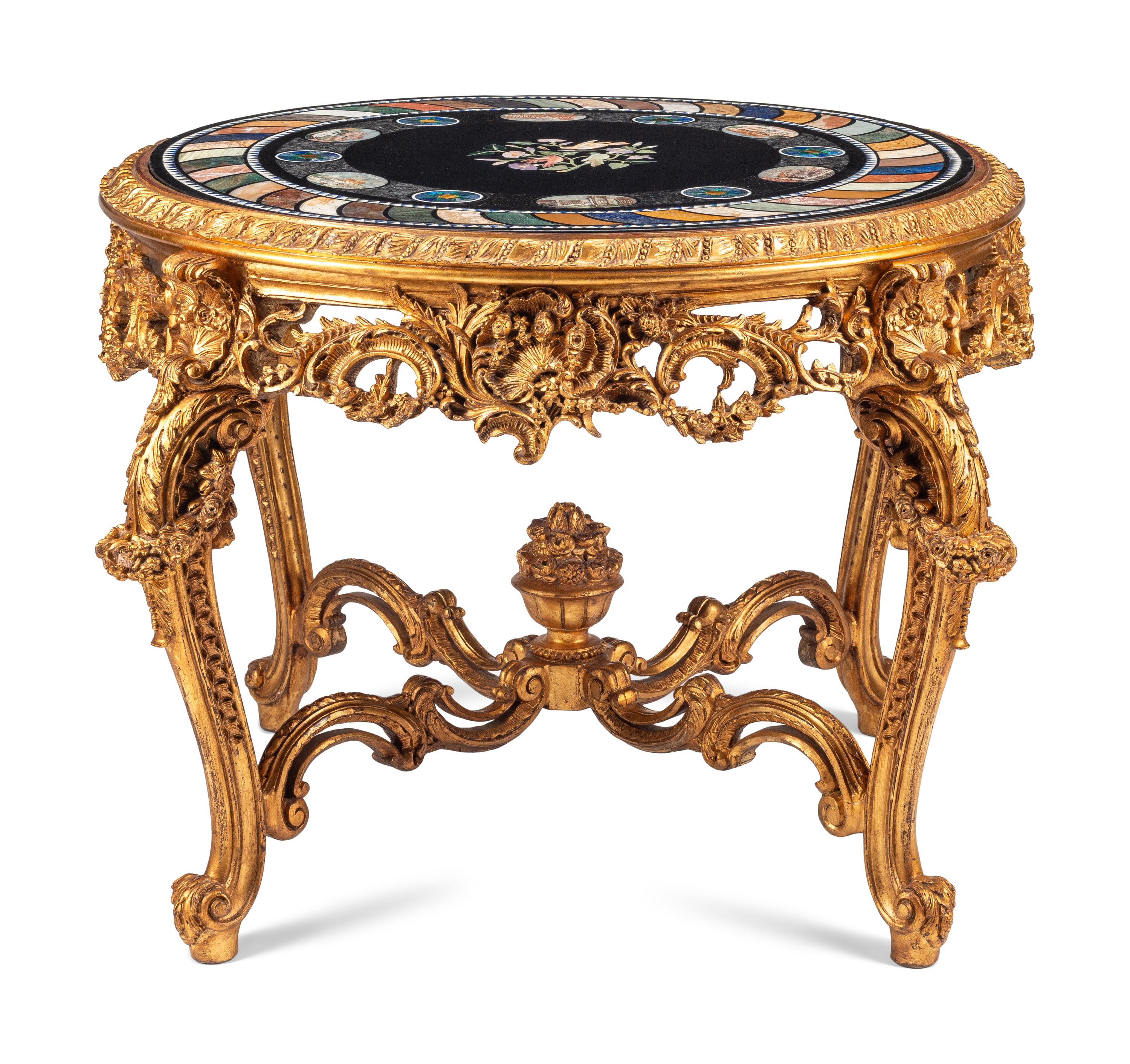 A Continental Giltwood, Specimen Marble and Micro Mosaic Center Table