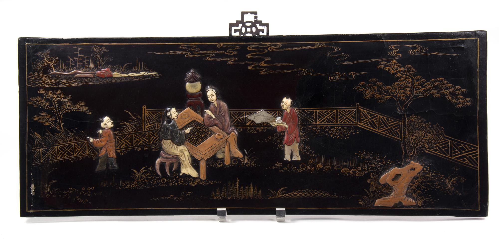 A Pair of Chinese Black Lacquer Panels with Inset Hardstone Figures Height 10 x width 25 1/2 inches.
