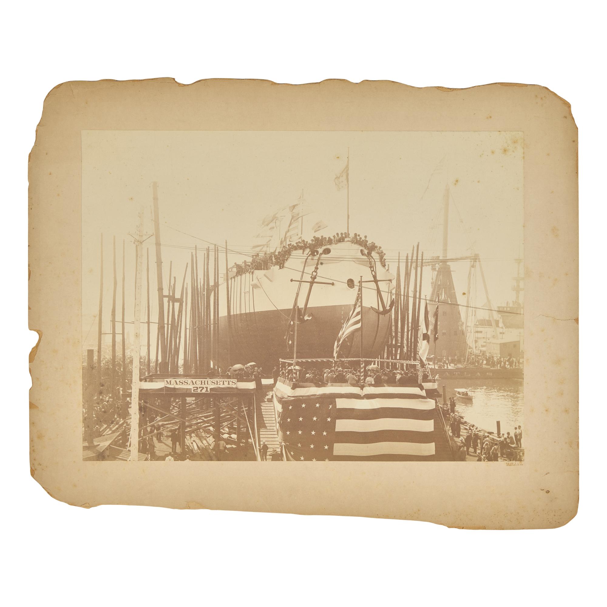 [Early Photography] Group of 39 photographs with Naval interest, including views of the Naval Academy and USS Massachusetts