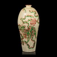 A Chinese Enameled Ceramic Vase, Meiping, Ming Dynasty 明 紅綠彩佛獅圖梅瓶