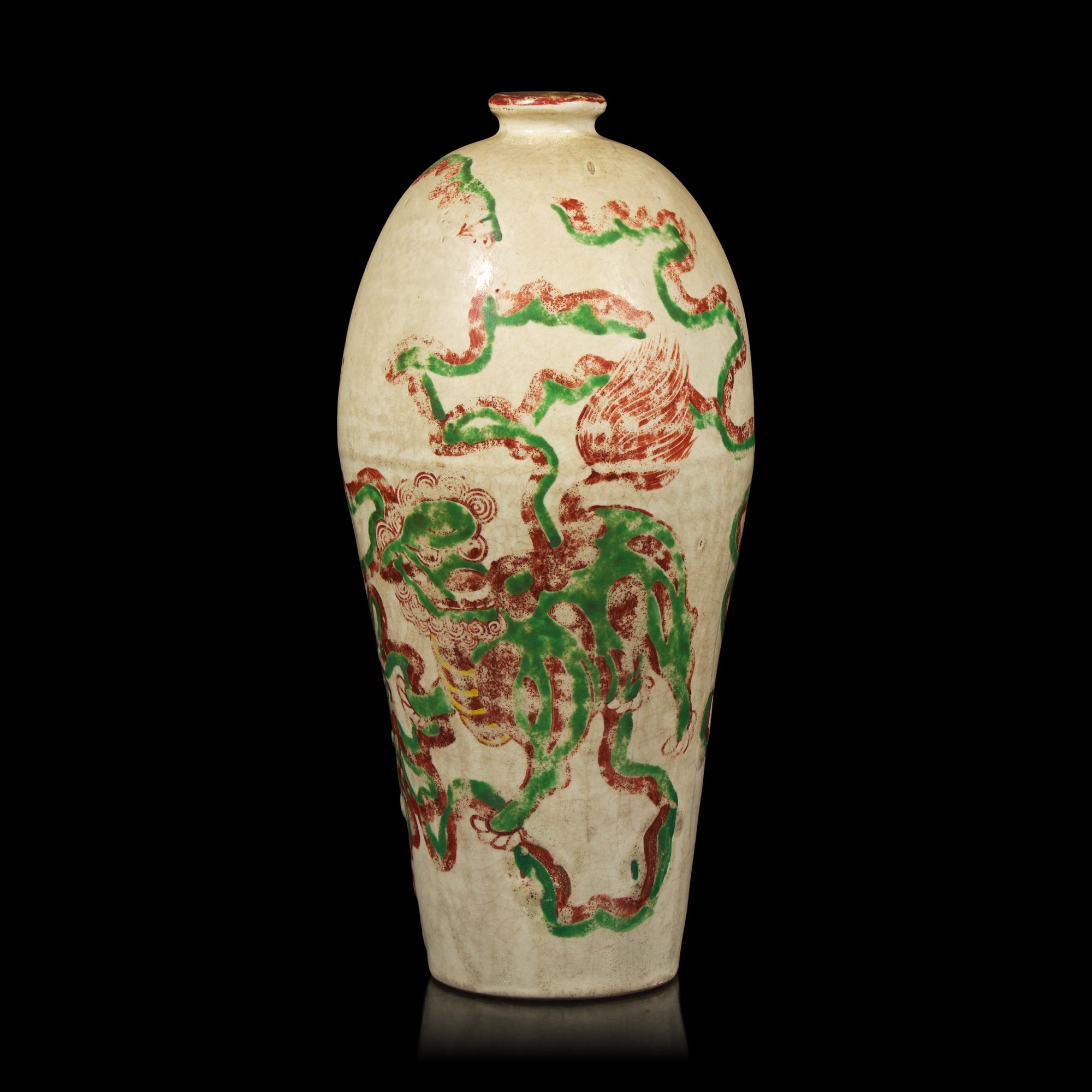 A Chinese Enameled Ceramic Vase, Meiping, Ming Dynasty 明 紅綠彩佛獅圖梅瓶