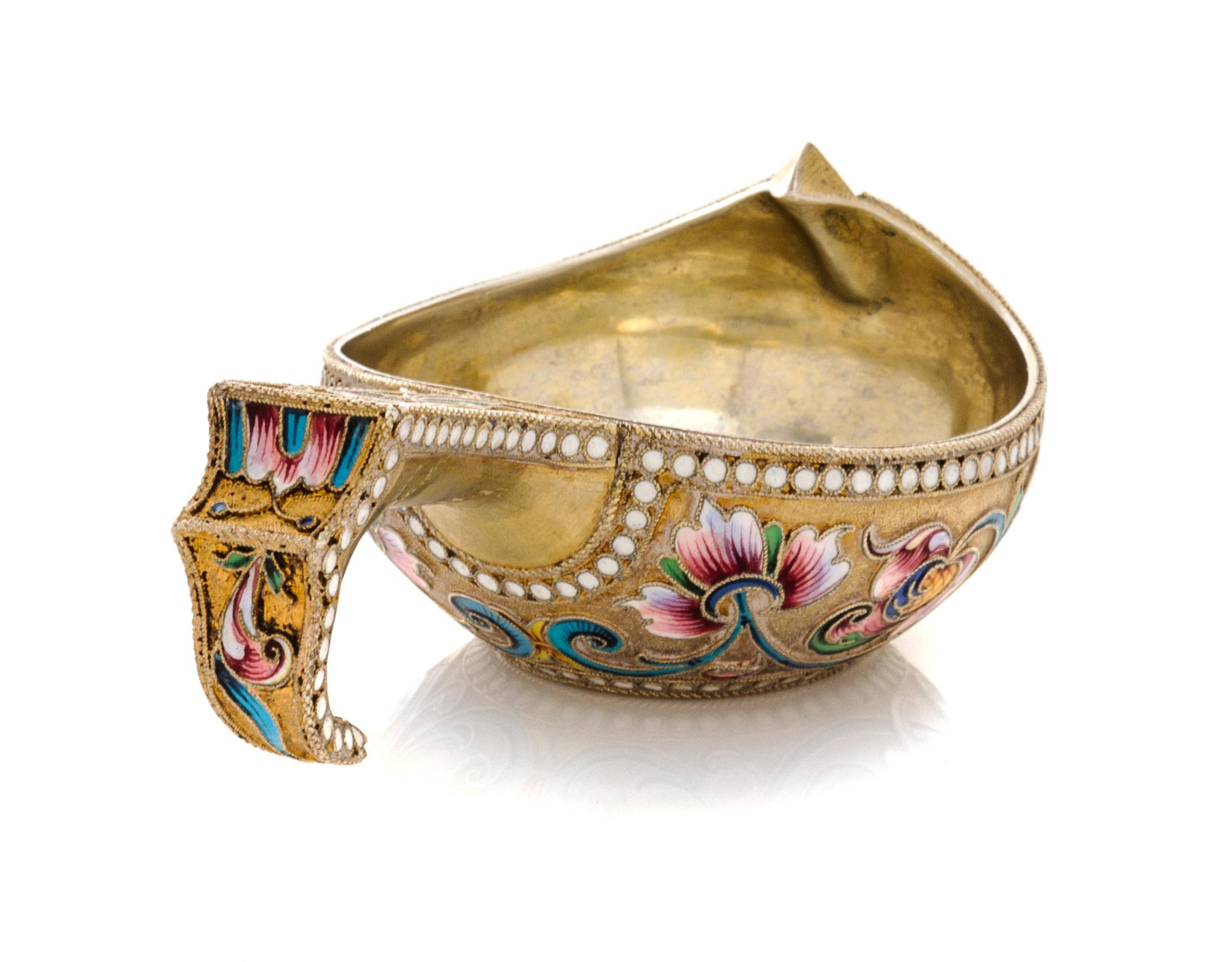 A Russian Silver-Gilt and Enamel Kovsh, Mark of Vasiili Agafonov, kokoshnik mark of Ivan Lebedkin, Moscow, late 19th/early 20th century