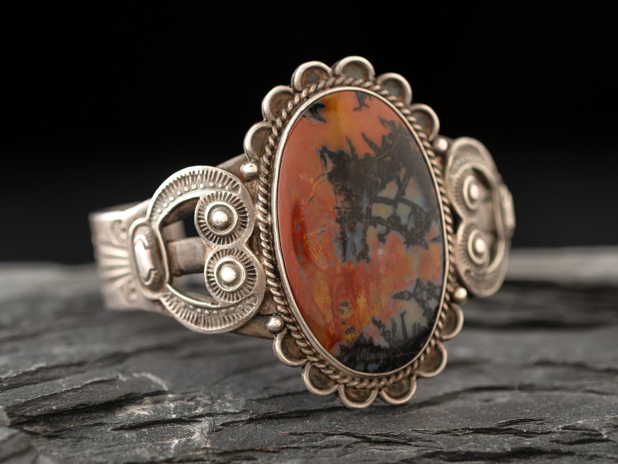 Heavily Stamped Split Shank Cuff, with Petrified Wood Cabochon