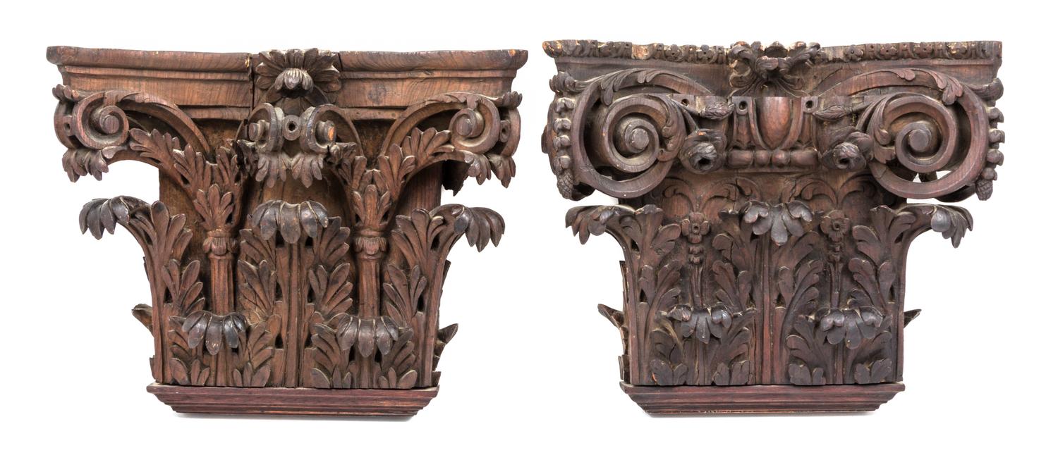 Two Carved Oak Pilaster Capitals Height of larger 15 inches.