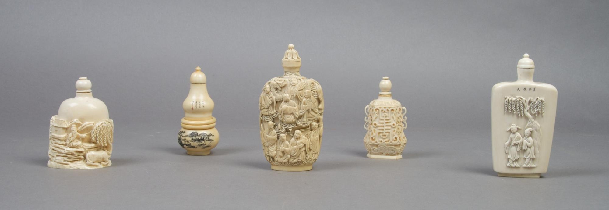 A Group of Five Ivory Snuff Bottles, Height of tallest 4 1/4 inches.