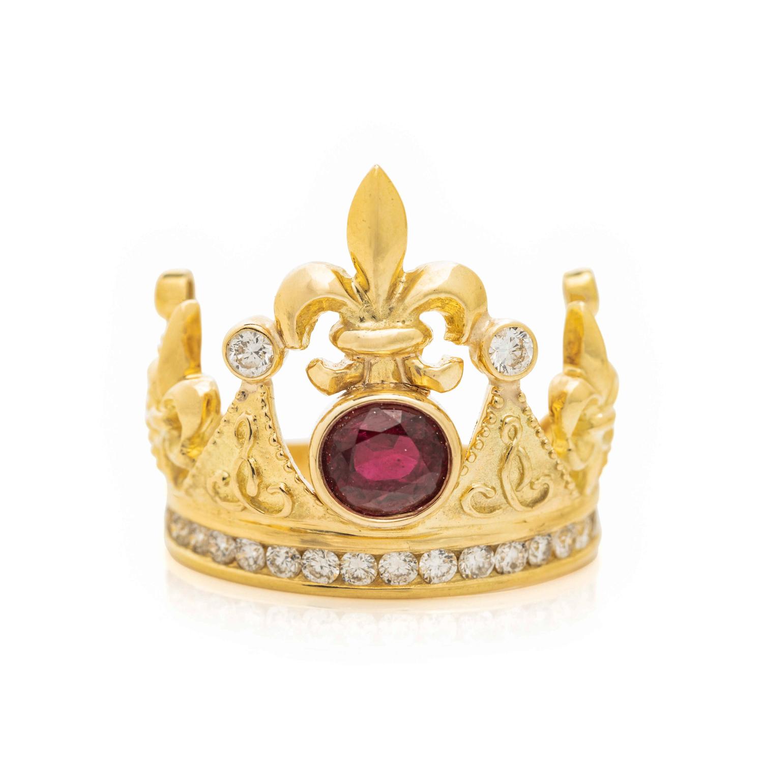 CYNTHIA BACH, YELLOW GOLD, RUBY AND DIAMOND 'FLEUR DE LIS CROWN' RING