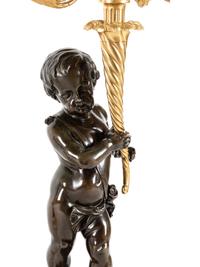 A Fine Pair of Large Louis XVI Style Marble and Parcel Gilt Bronze Figural Seven-Light Candelabra