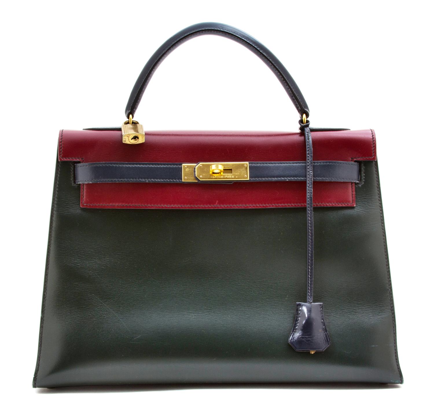 An Hermes Tricolor Box Sellier 32cm Kelly Handbag, 12.5" x 9.5" x 5"; Handle drop: 3.5".