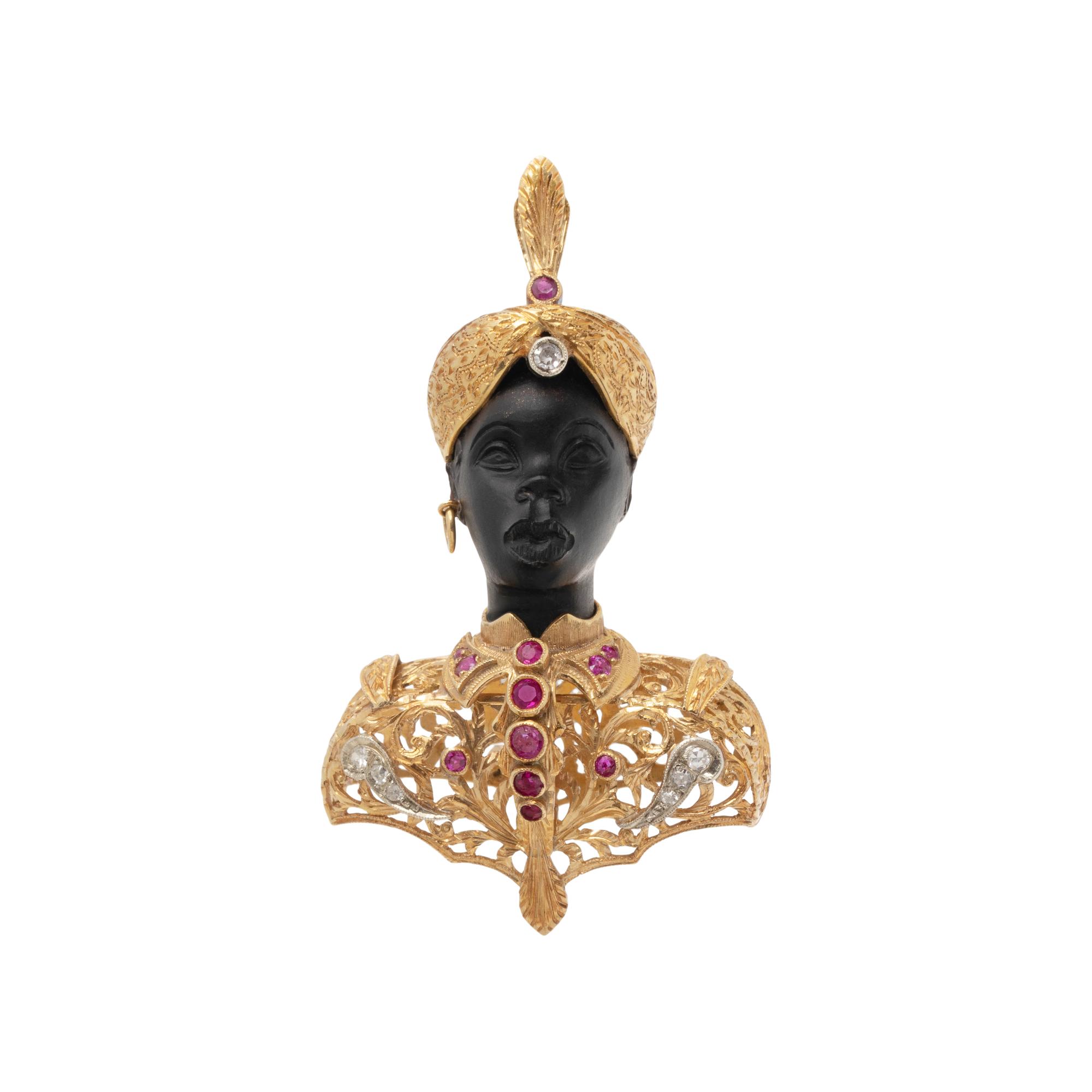 NARDI, YELLOW GOLD, RUBY AND DIAMOND BLACKAMOOR BROOCH