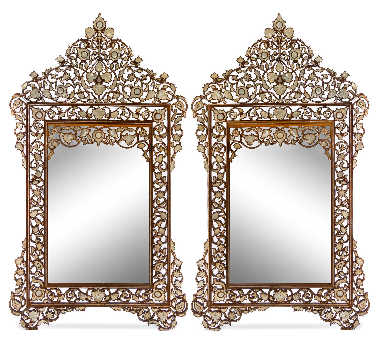 A Pair of Syrian Mother-of-Pearl Inlaid Mirrors Height 69 1/8 x width 39 inches. — 20TH CENTURY