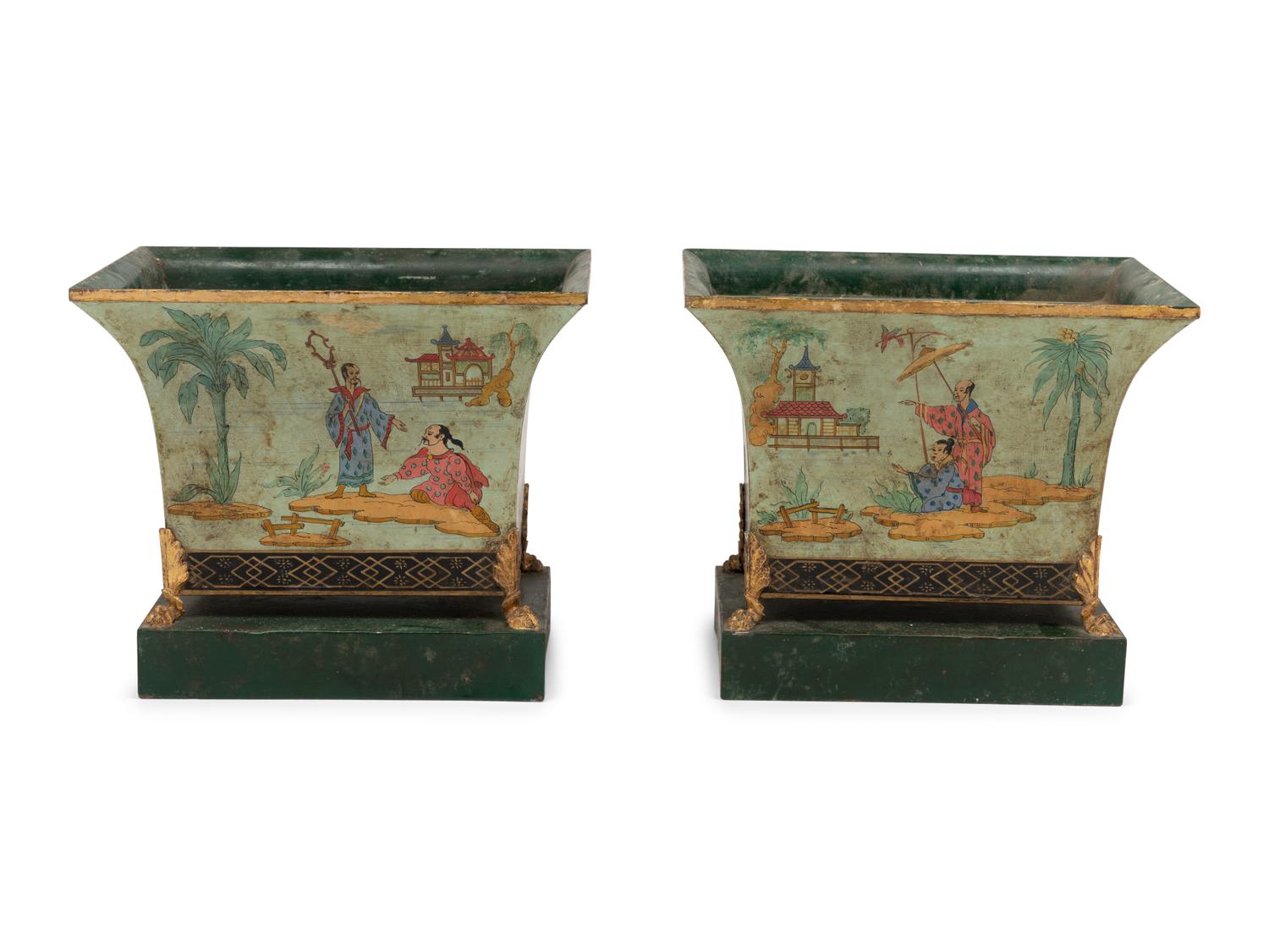 A Pair of Chinoiserie Decorated Tôle Jardinières