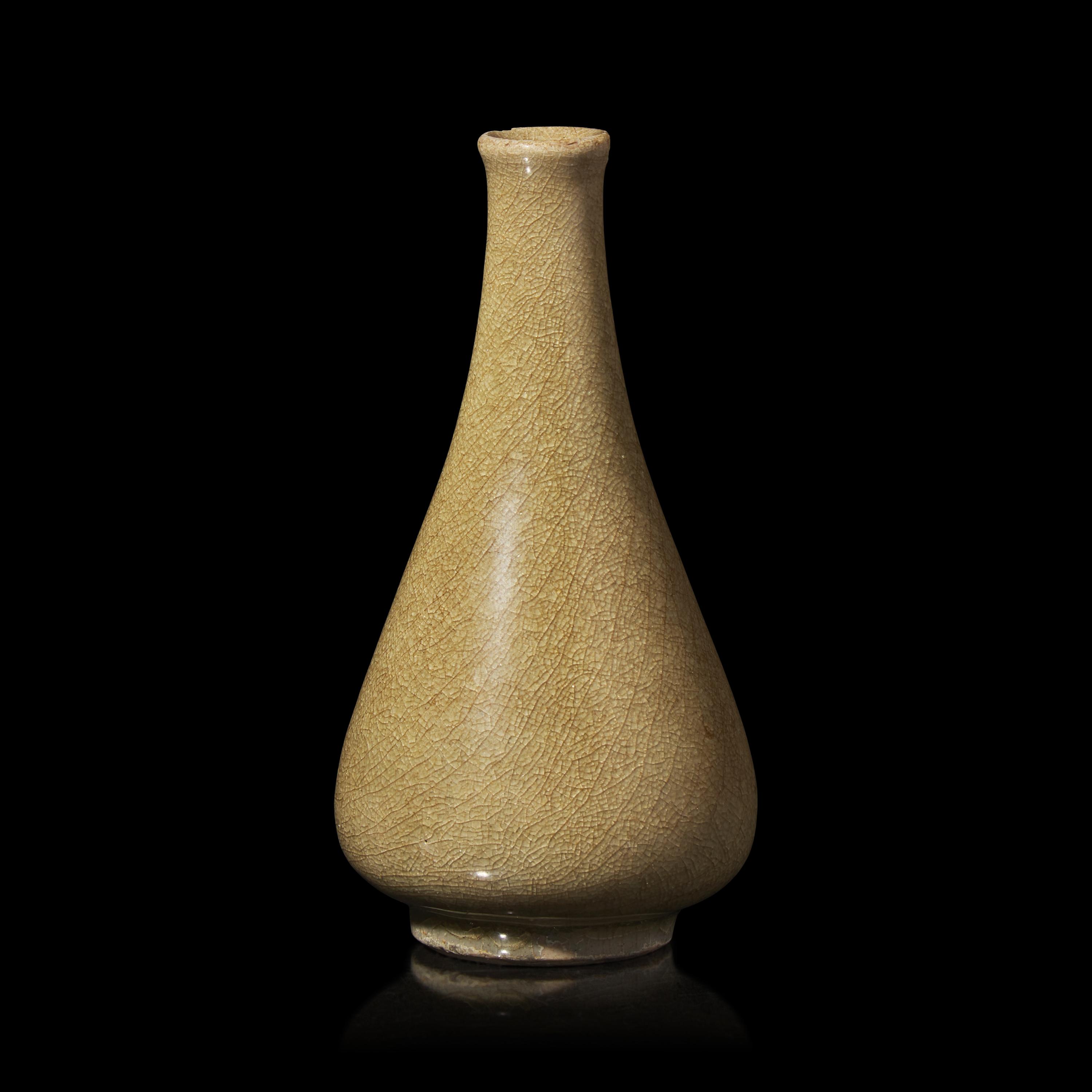 A Small Chinese Longquan Pear-Shaped Small Vase, Southern Song Dynasty 南宋 米黃釉龍泉窯玉壺春瓶