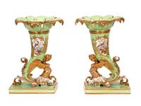 A Pair of Chamberlain's Worcester Apple Green-Ground Porcelain Cornucopia Vases