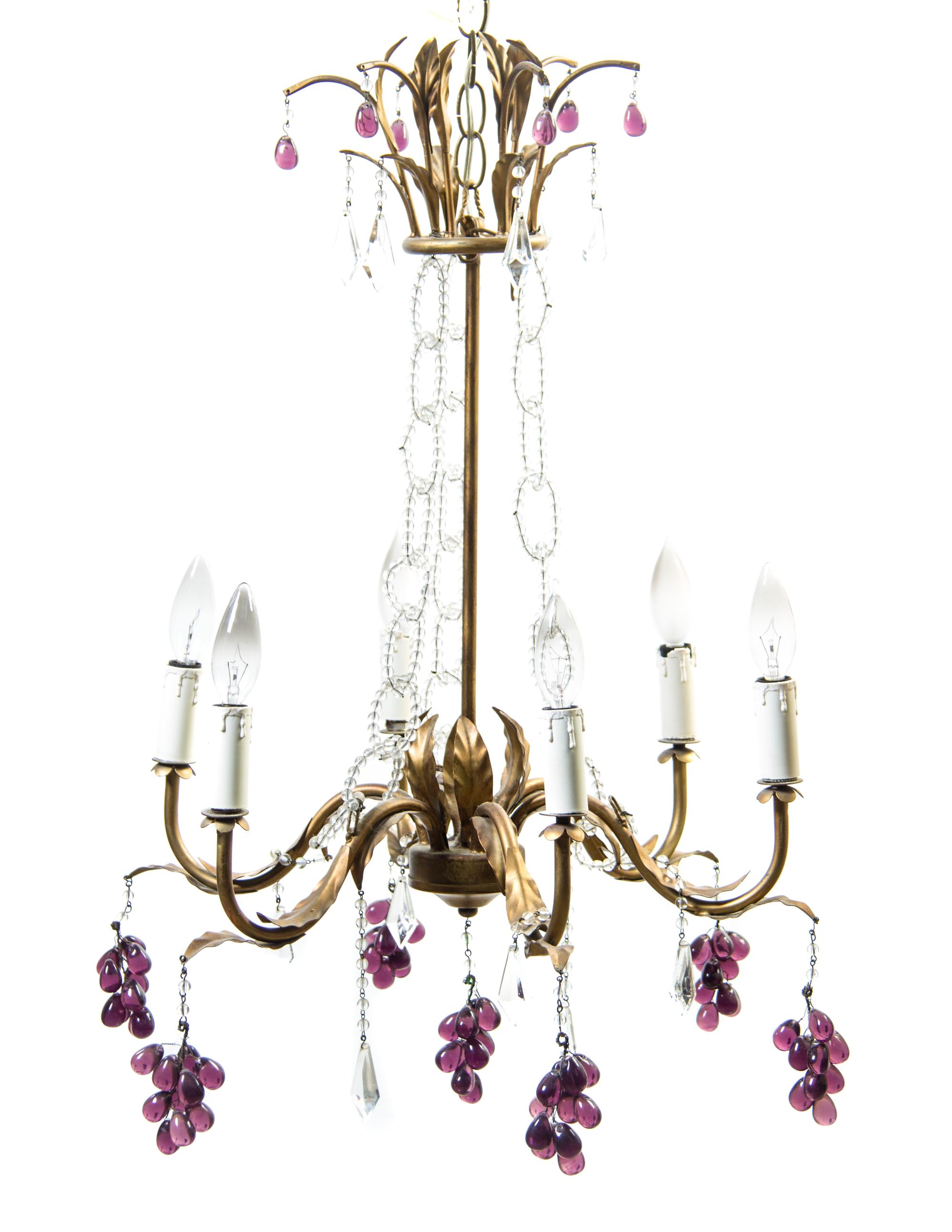 A Murano Glass and Bronzed Metal Six-Light Chandelier, Height 27 inches x diameter 19 inches.