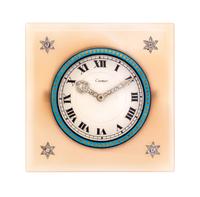 A Cartier Agate and Diamond Mounted Desk Clock Height 3 inches. — MOVEMENT BY EUROPEAN WATCH & CLOCK CO., FRANCE