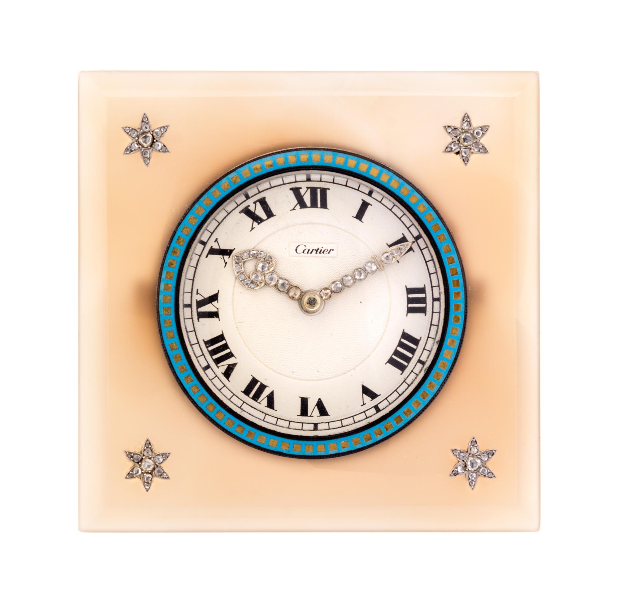 A Cartier Agate and Diamond Mounted Desk Clock Height 3 inches. — MOVEMENT BY EUROPEAN WATCH & CLOCK CO., FRANCE