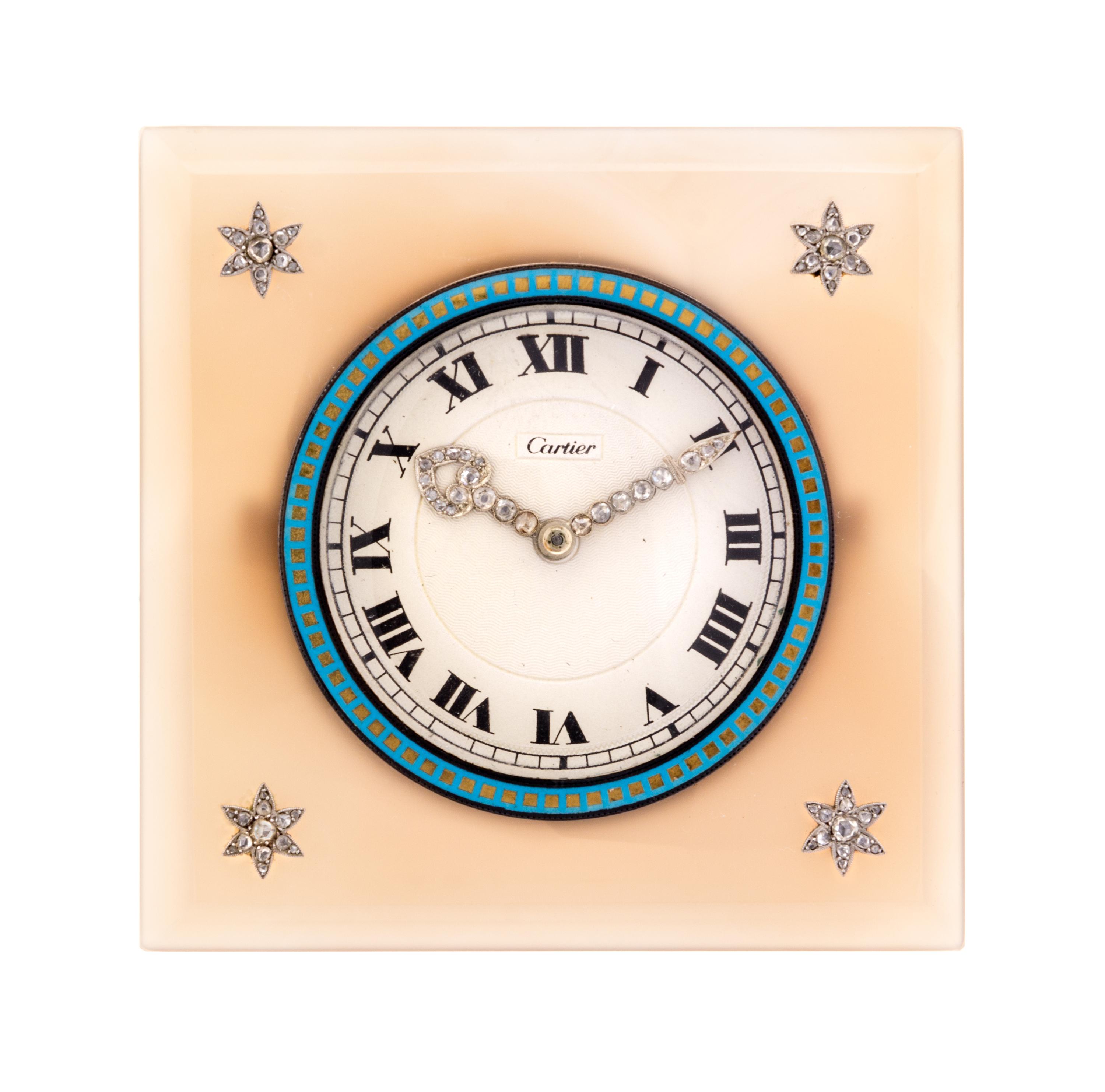 A Cartier Agate and Diamond Mounted Desk Clock Height 3 inches. — MOVEMENT BY EUROPEAN WATCH & CLOCK CO., FRANCE