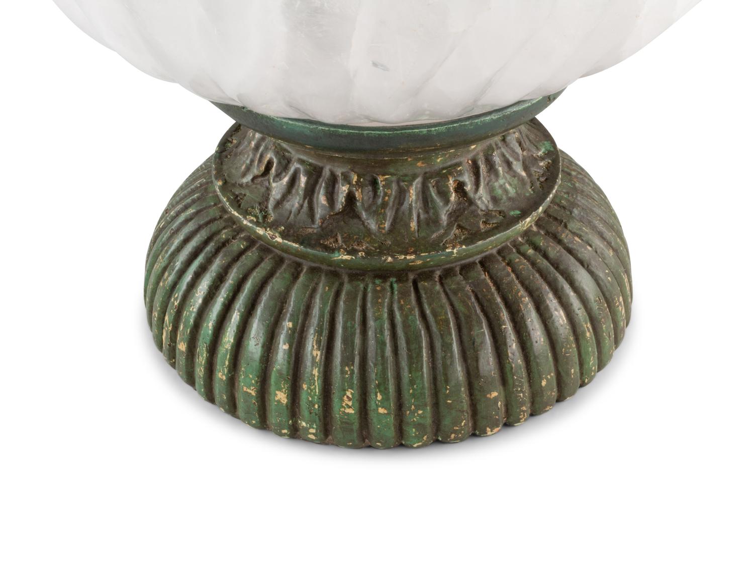 A Large Fluted Rock Crystal Bowl on a Painted Wood Stand
