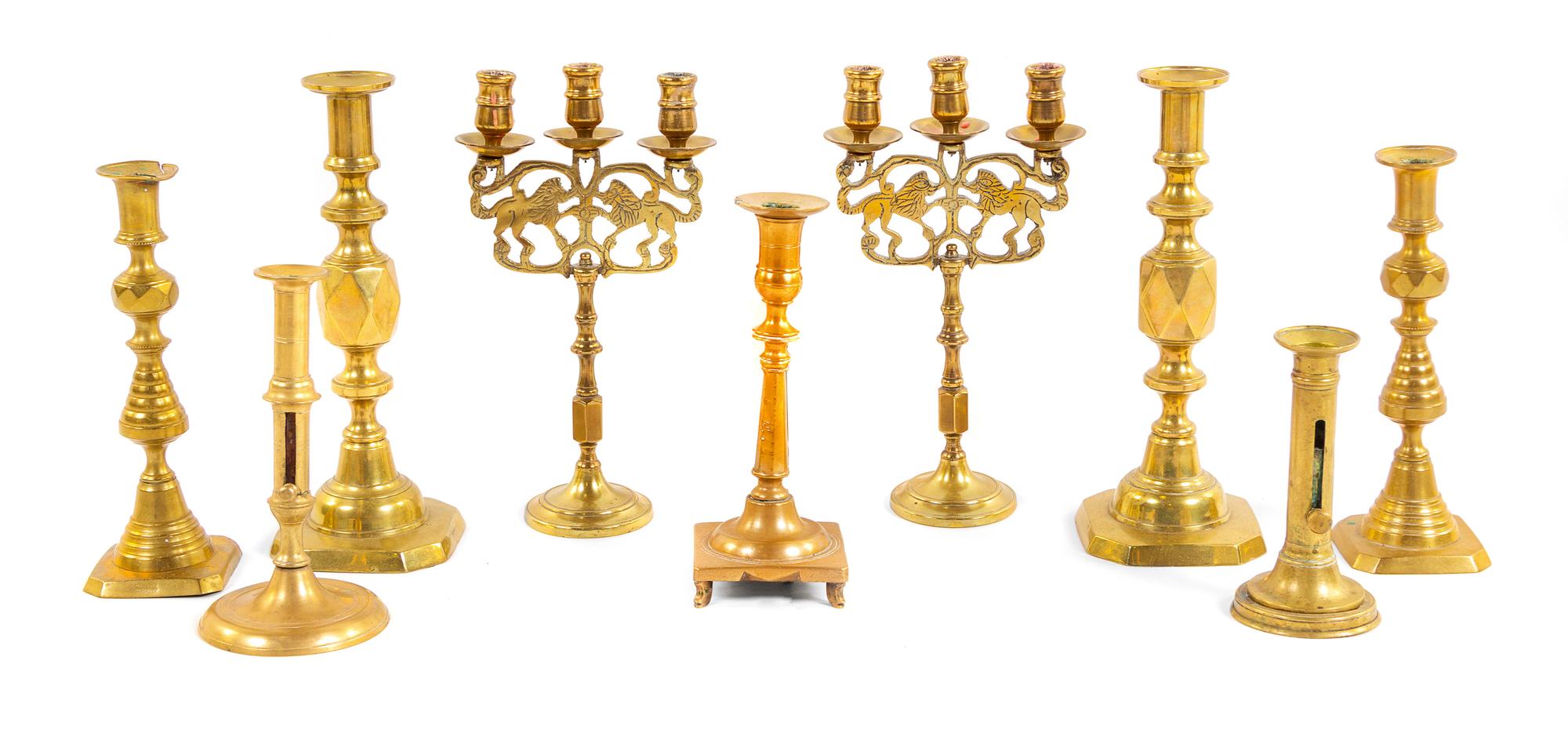 Nine Brass Candelsticks and Candelabras — 18TH/19TH CENTURY