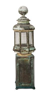 A Pair of Weathered Painted Sheet Metal Lanterns Converted to Bird Cages