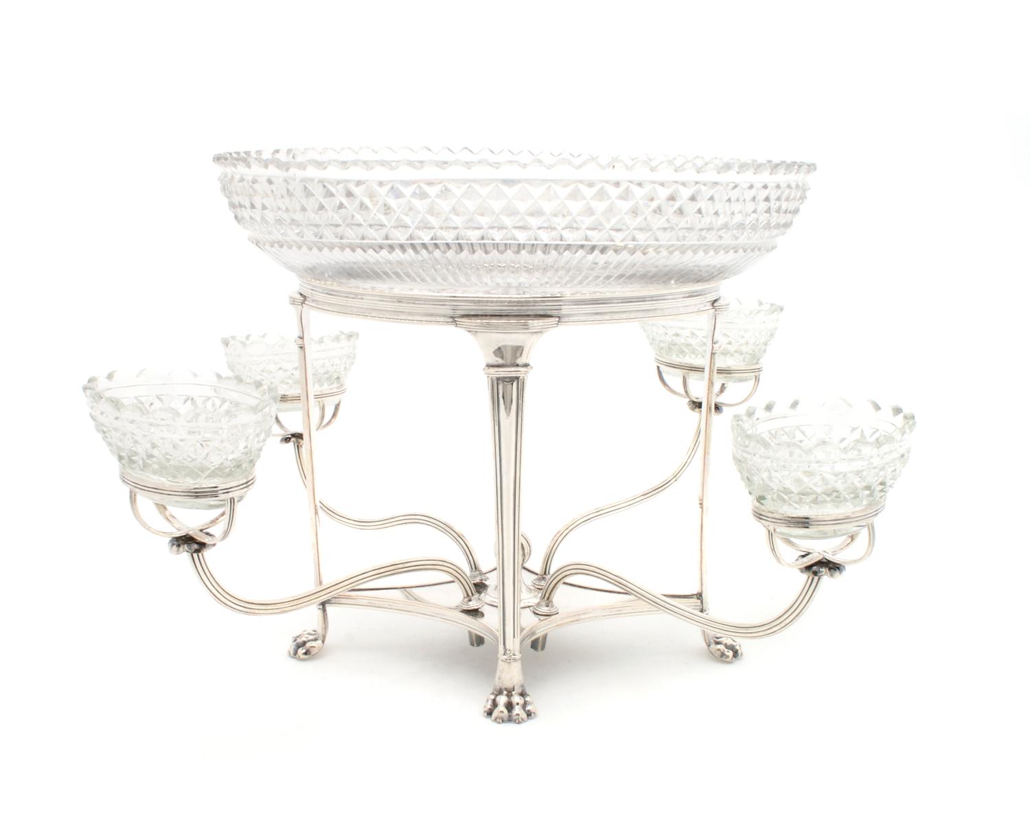 An English Silverplate Epergne, Sheffield, Height overall 11 3/8 inches.