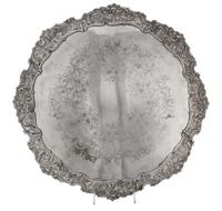 Two English Silver-Plate Trays, 20th Century, comprising an oval handled tray and a circular tray, each after the 18th century original