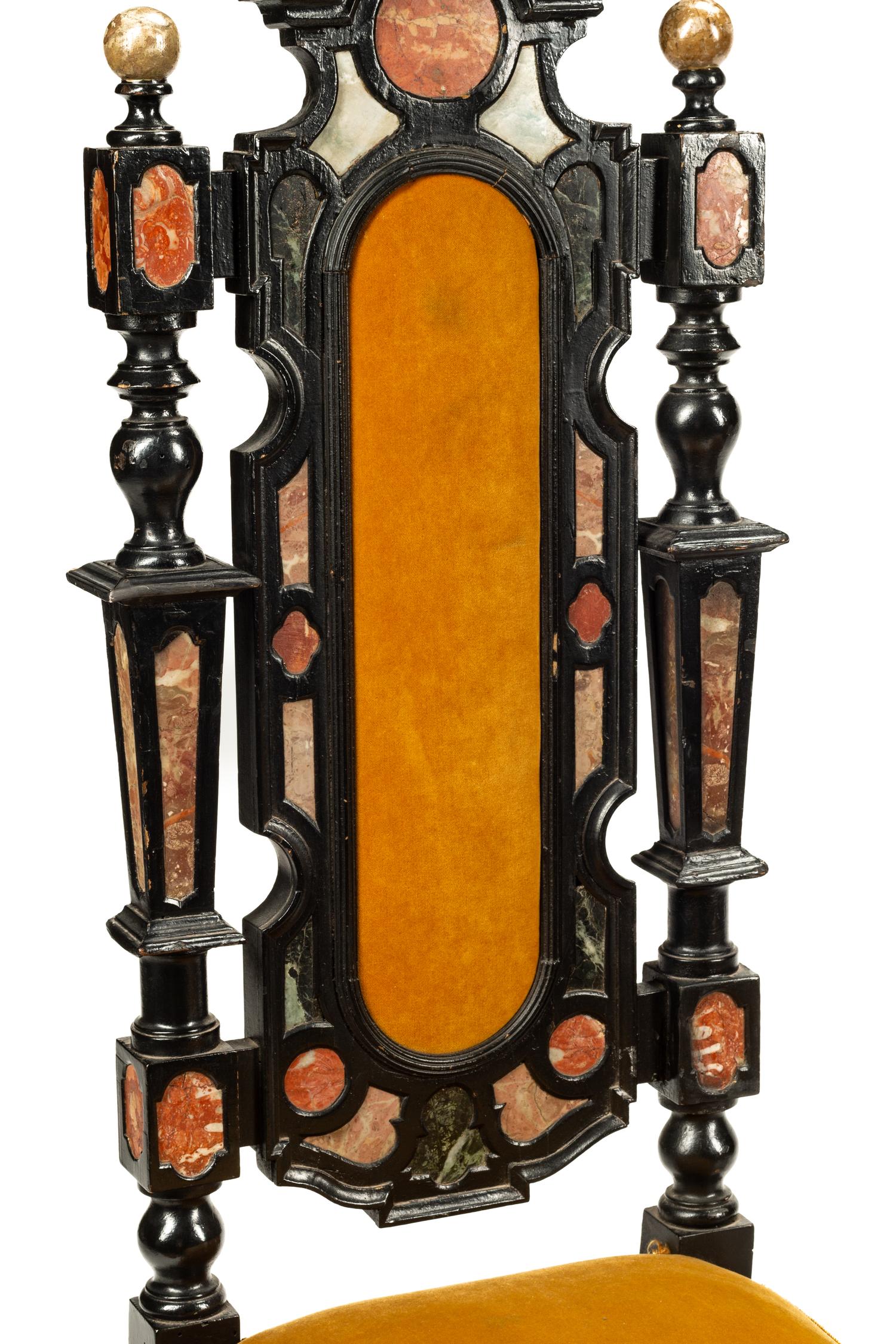 A Pair of Florentine Specimen Marble-Inset Ebonized Side Chairs