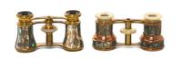 Two Pairs of French Abalone Shell Decorated Opera Glasses, Width of first 3 5/8 inches.