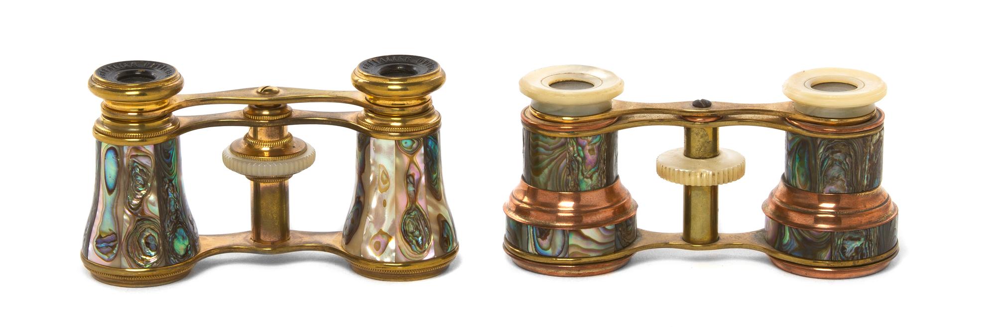Two Pairs of French Abalone Shell Decorated Opera Glasses, Width of first 3 5/8 inches.