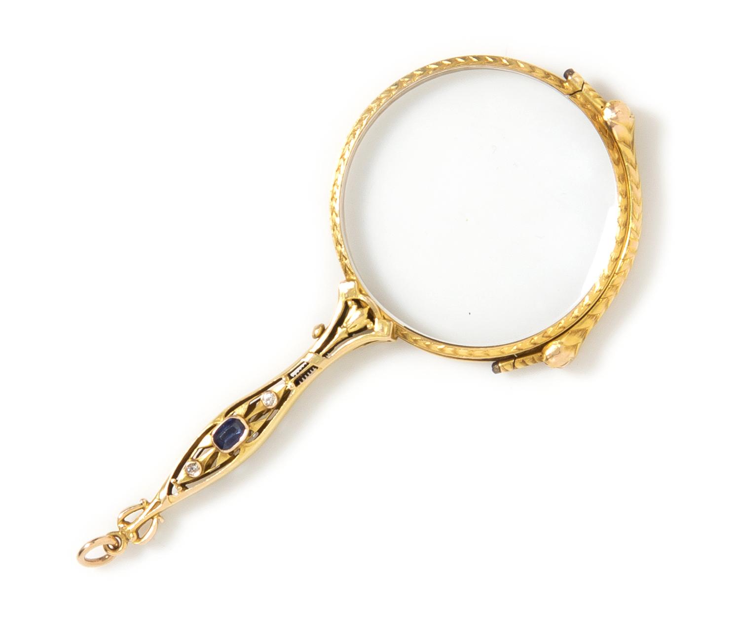 An Art Nouveau Yellow Gold, Sapphire and Diamond Lorgnette, 21.20 dwts.