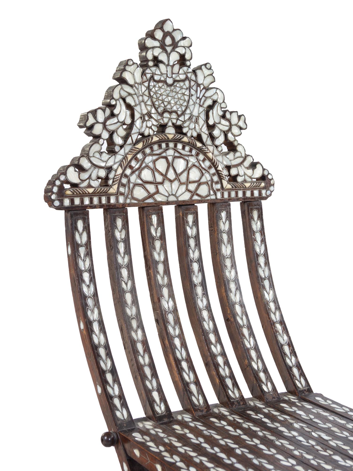 A Near Pair of Ottoman Syrian Mother-of-Pearl Inlaid Chairs