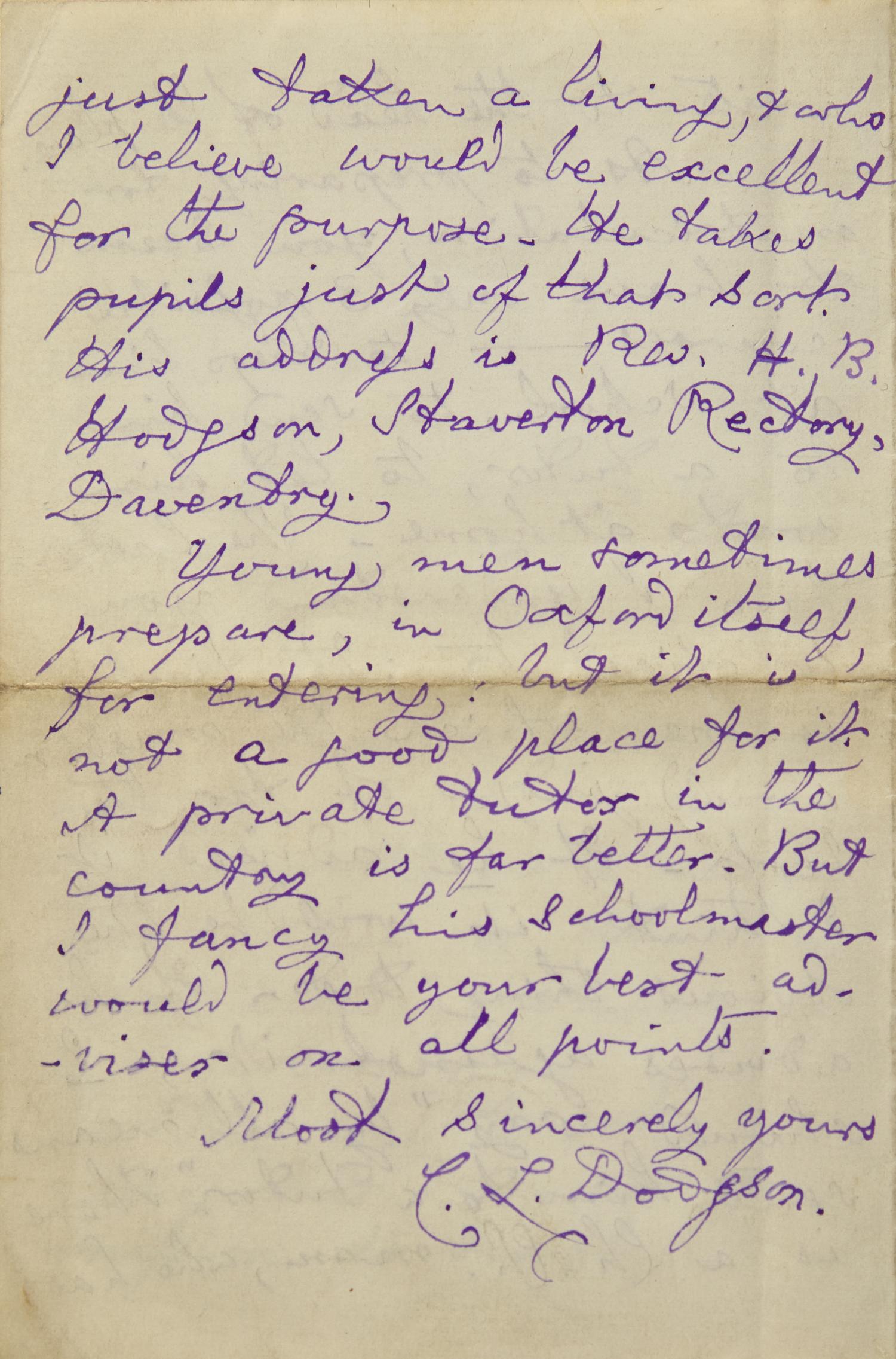 [Literature] Carroll, Lewis (Charles Lutwidge Dodgson). Autograph Letter, signed