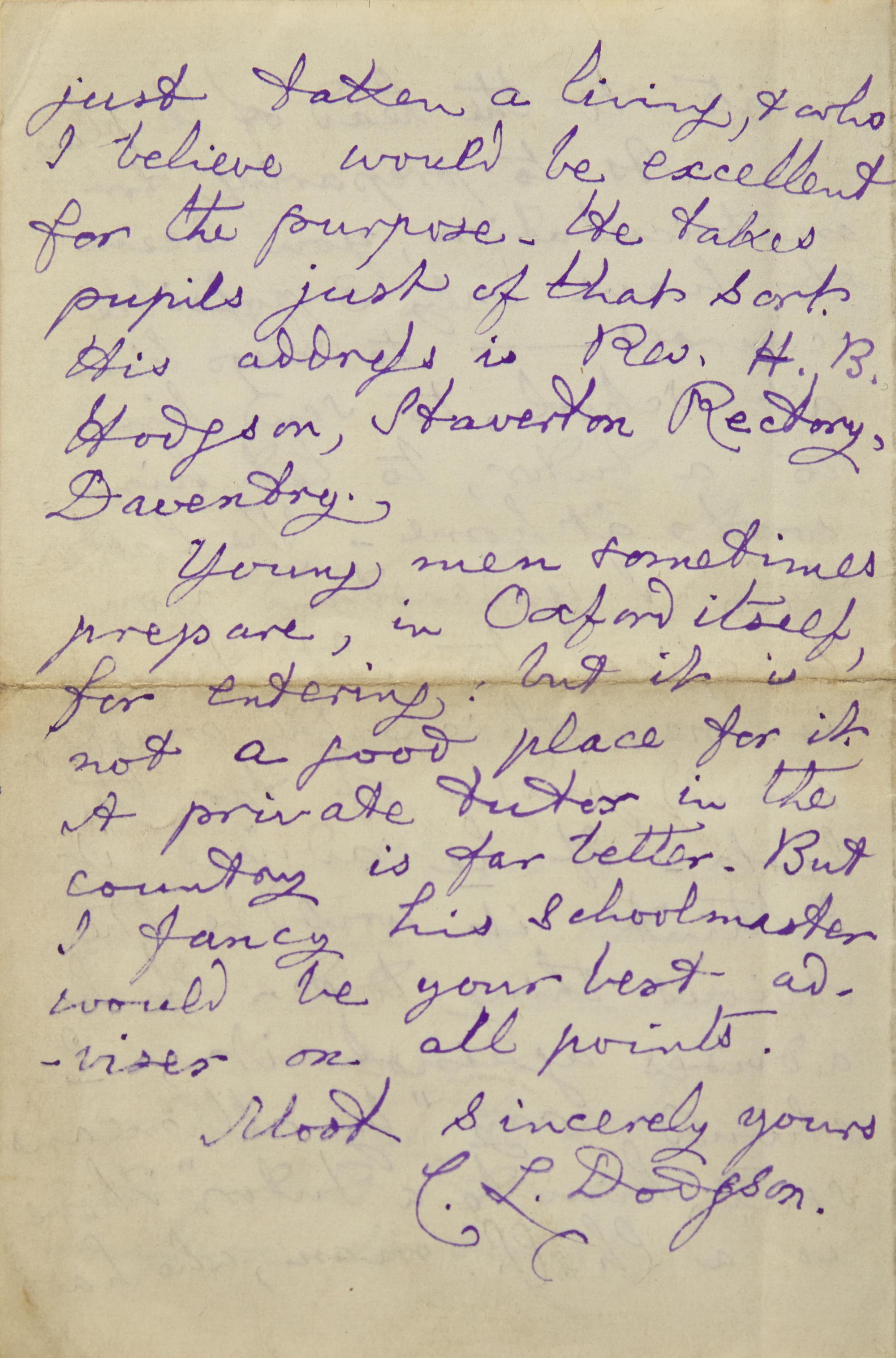 [Literature] Carroll, Lewis (Charles Lutwidge Dodgson). Autograph Letter, signed