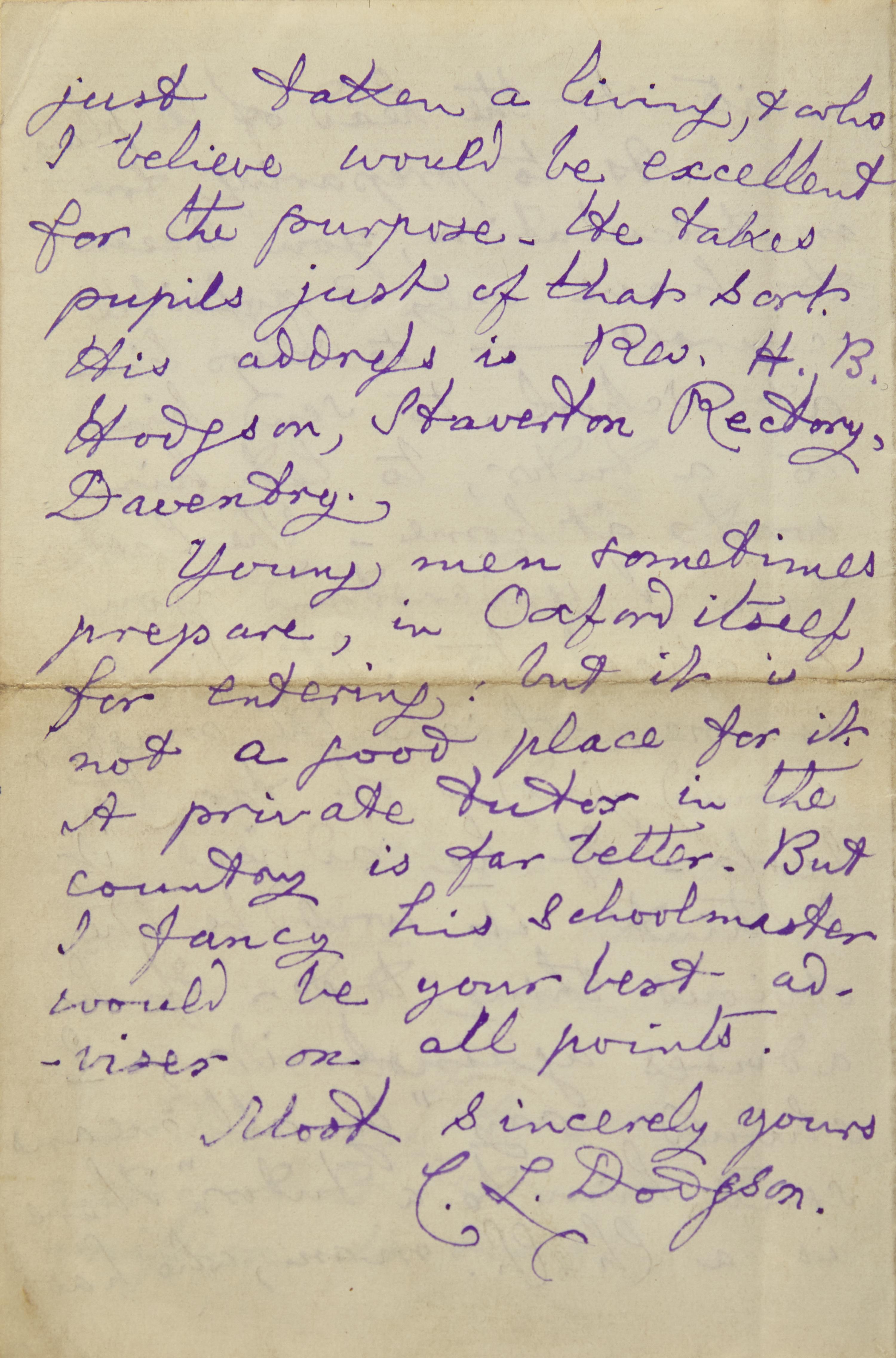 [Literature] Carroll, Lewis (Charles Lutwidge Dodgson). Autograph Letter, signed