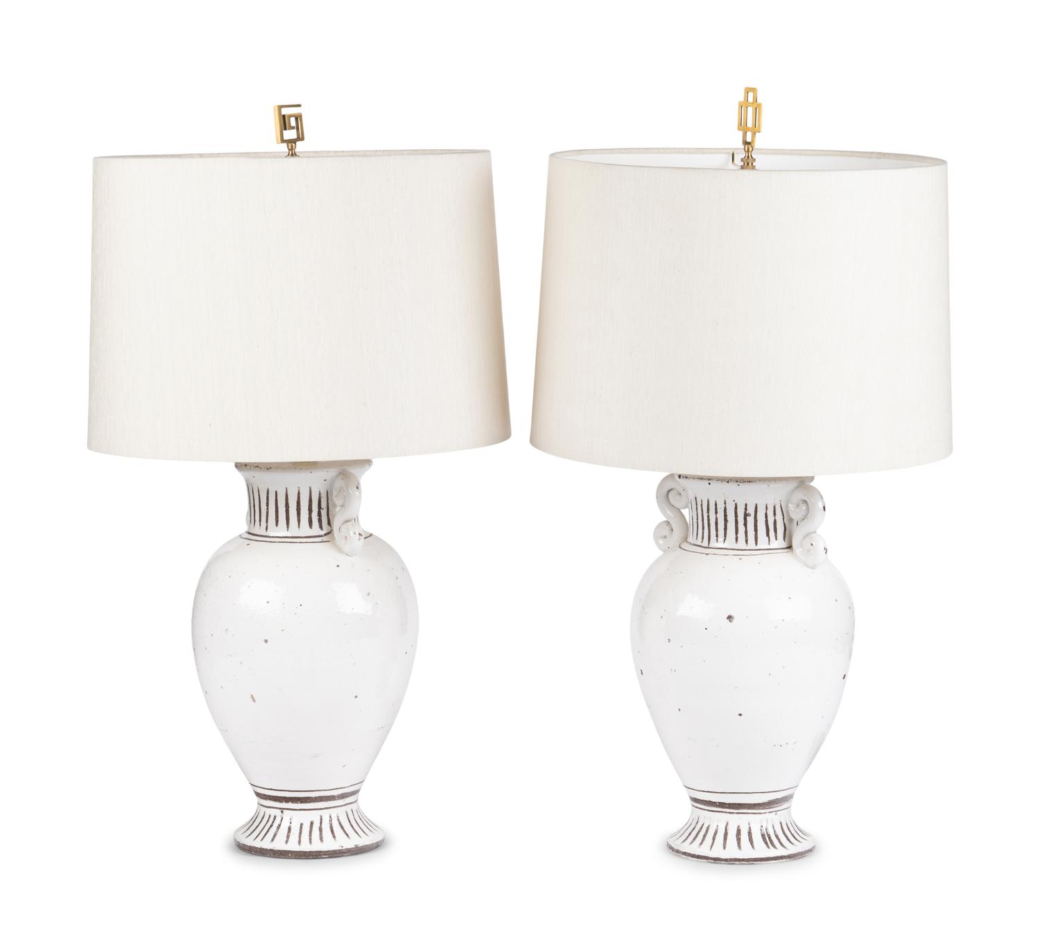 A Pair of Italian Glazed Earthenware Urn-Form Table Lamps