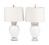 A Pair of Italian Glazed Earthenware Urn-Form Table Lamps