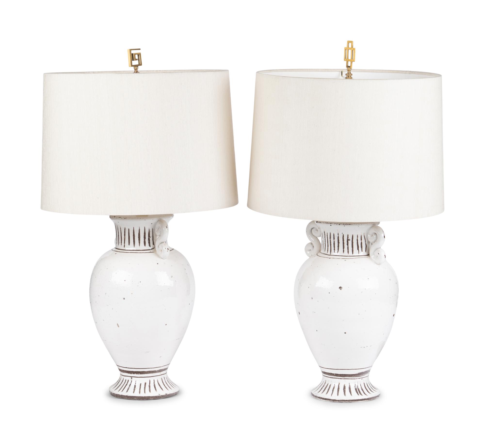 A Pair of Italian Glazed Earthenware Urn-Form Table Lamps
