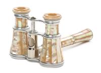 A Pair of French Mother-of-Pearl Veneered Opera Glasses, Lemaire, Width 3 7/8 inches.