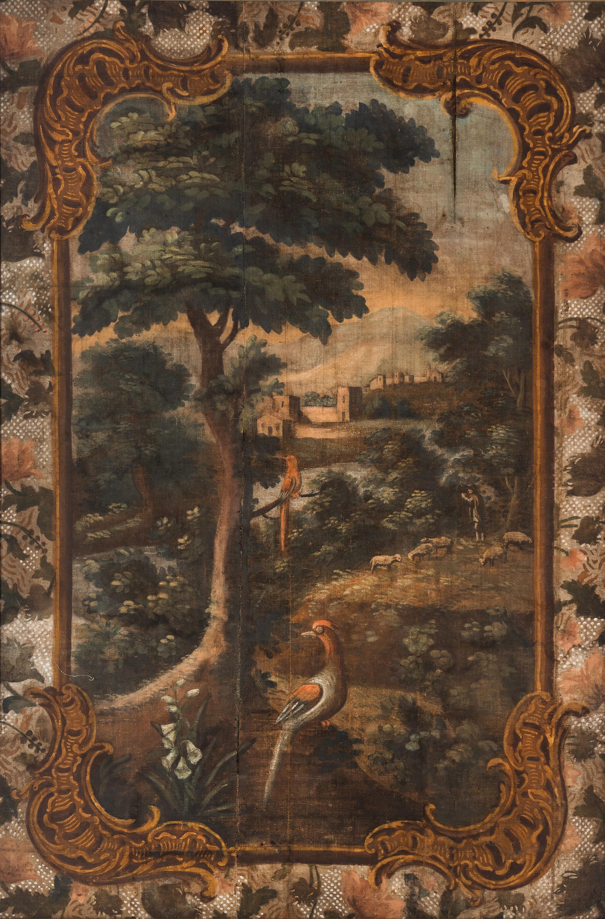 A French Giltwood-Framed Painted Canvas Wall Panel