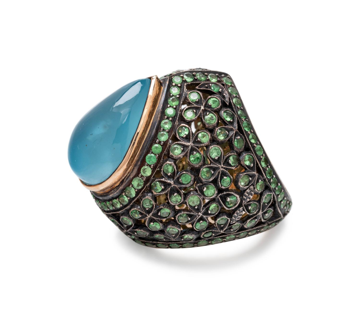 AQUAMARINE AND GREEN GEMSTONE RING