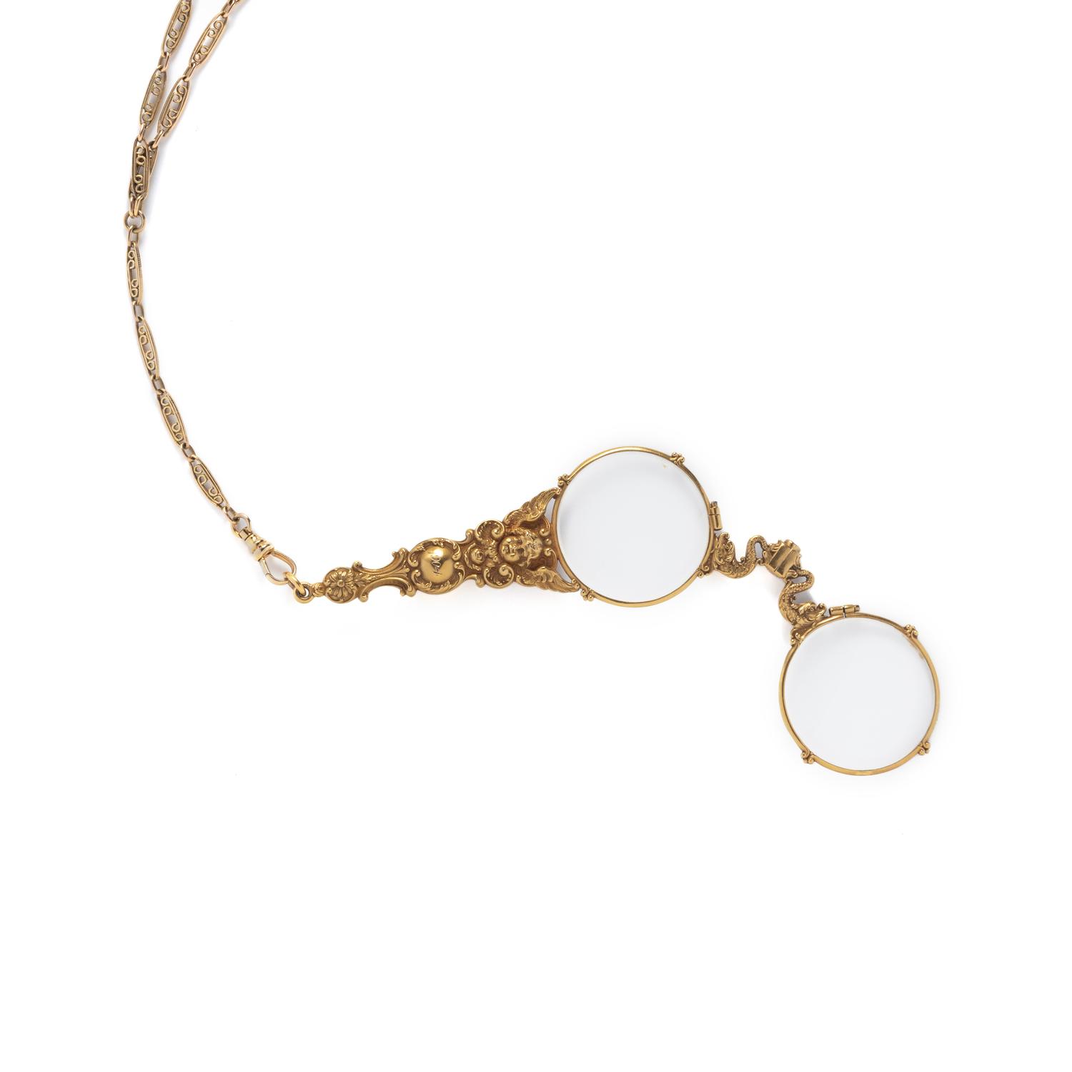 ART NOUVEAU, YELLOW GOLD LORGNETTE AND CHAIN