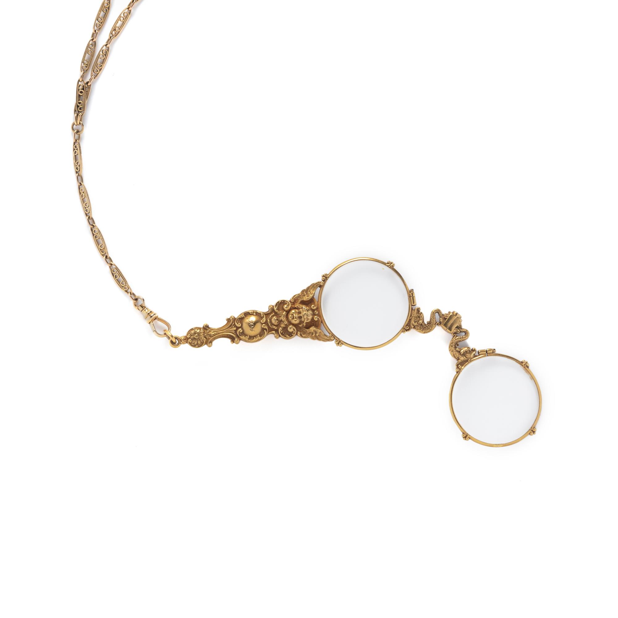 ART NOUVEAU, YELLOW GOLD LORGNETTE AND CHAIN